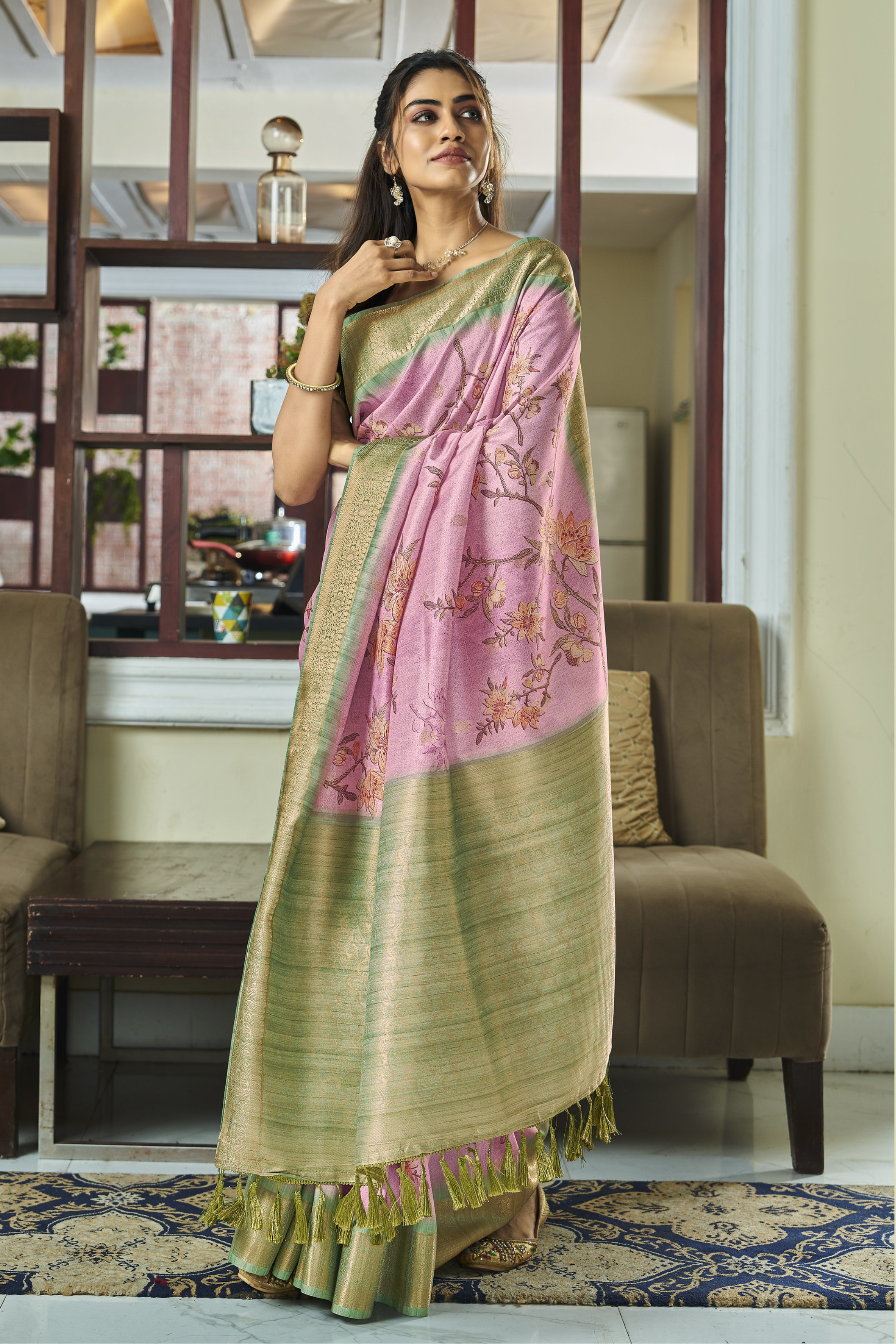 Buy MySilkLove Careys Pink Banarasi Digital Printed Soft Silk Saree Online