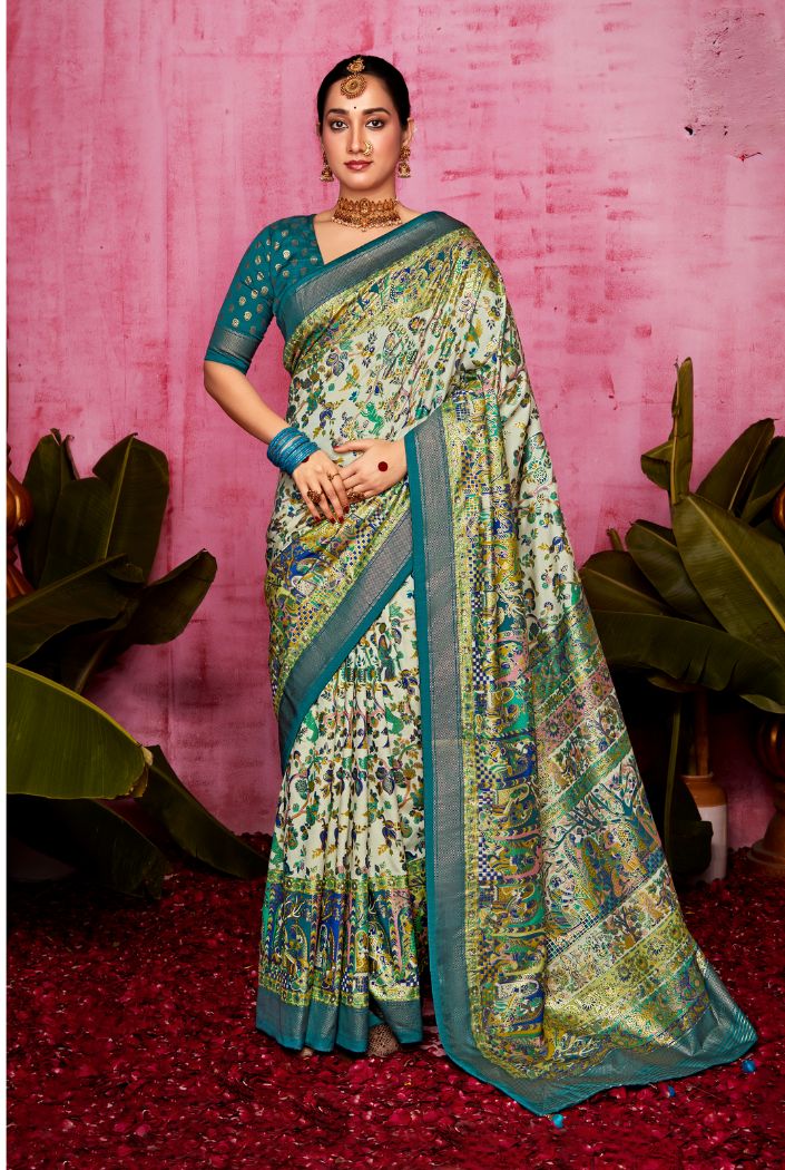 Buy MySilkLove Amulet Green and Blue Patola Soft Silk Saree Online