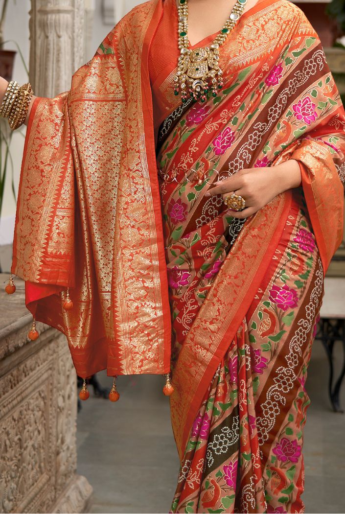 Buy MySilkLove Roof Terracotta Orange Banarasi Patola Silk Saree Online