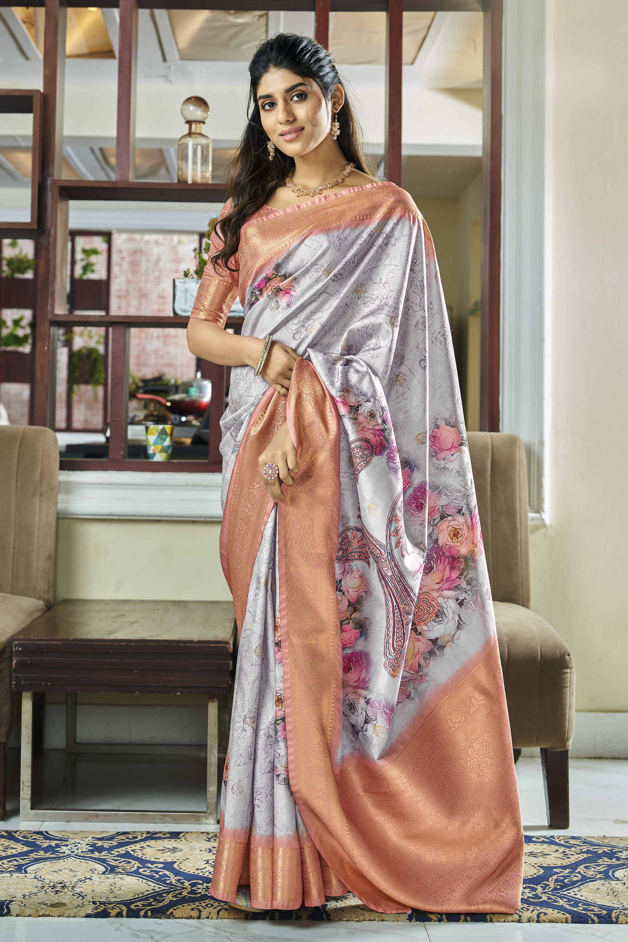 Buy MySilkLove Silver Shade Grey Banarasi Digital Printed Soft Silk Saree Online