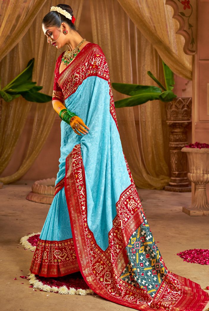 Buy MySilkLove Charlotte Blue Embroidery Chikankari Patola Handloom Saree Online
