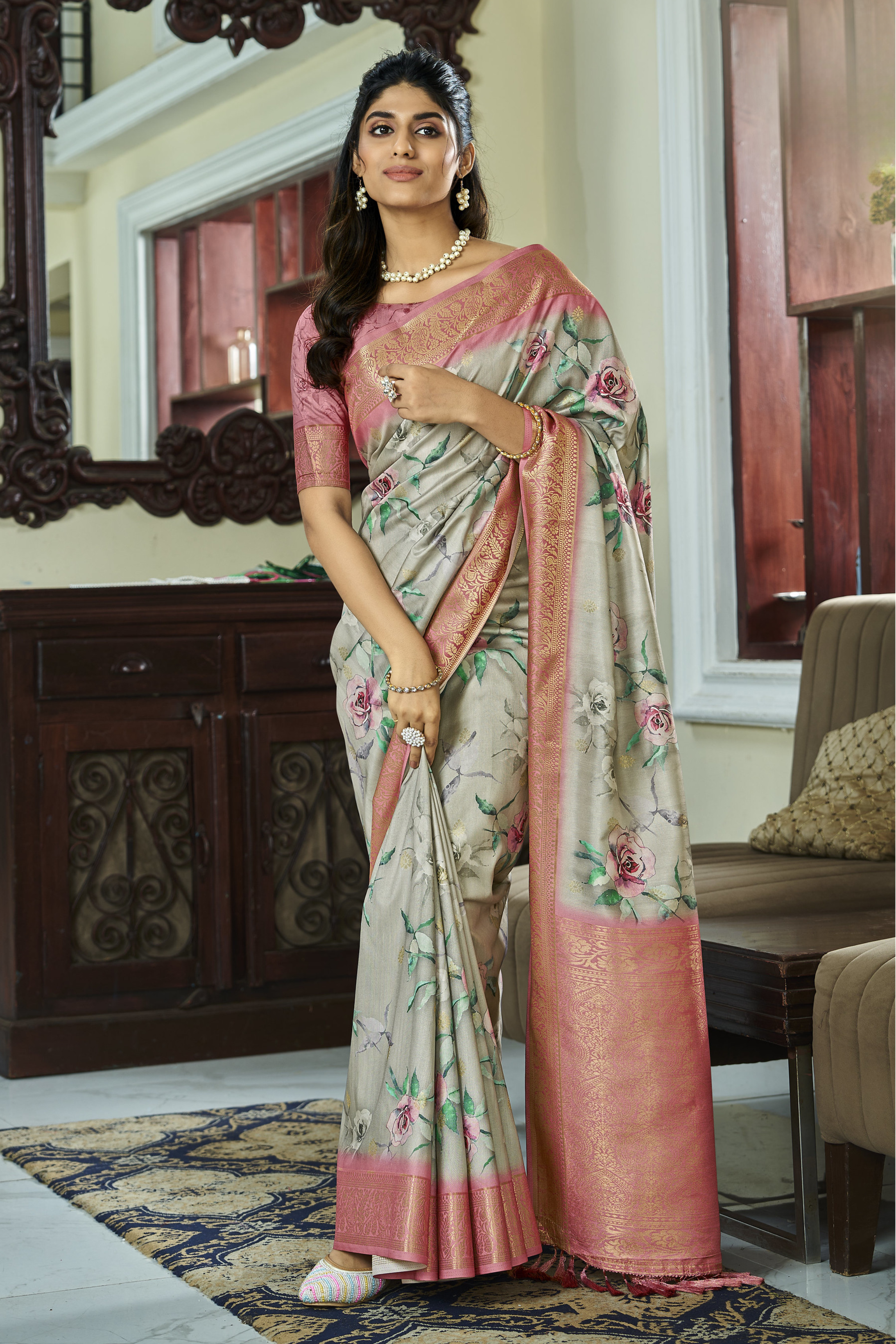 Buy MySilkLove Bitter Green Banarasi Digital Printed Soft Silk Saree Online