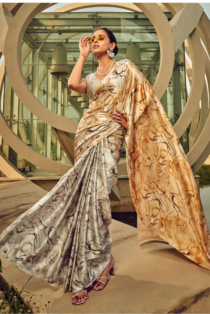 Buy MySilkLove Hillary Grey and Cream Digital Printed Satin Silk Saree Online