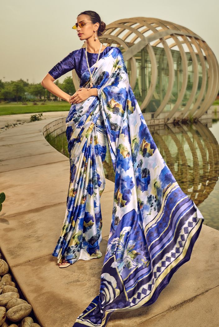 Buy MySilkLove Blue Bell Digital Printed Satin Silk Saree Online