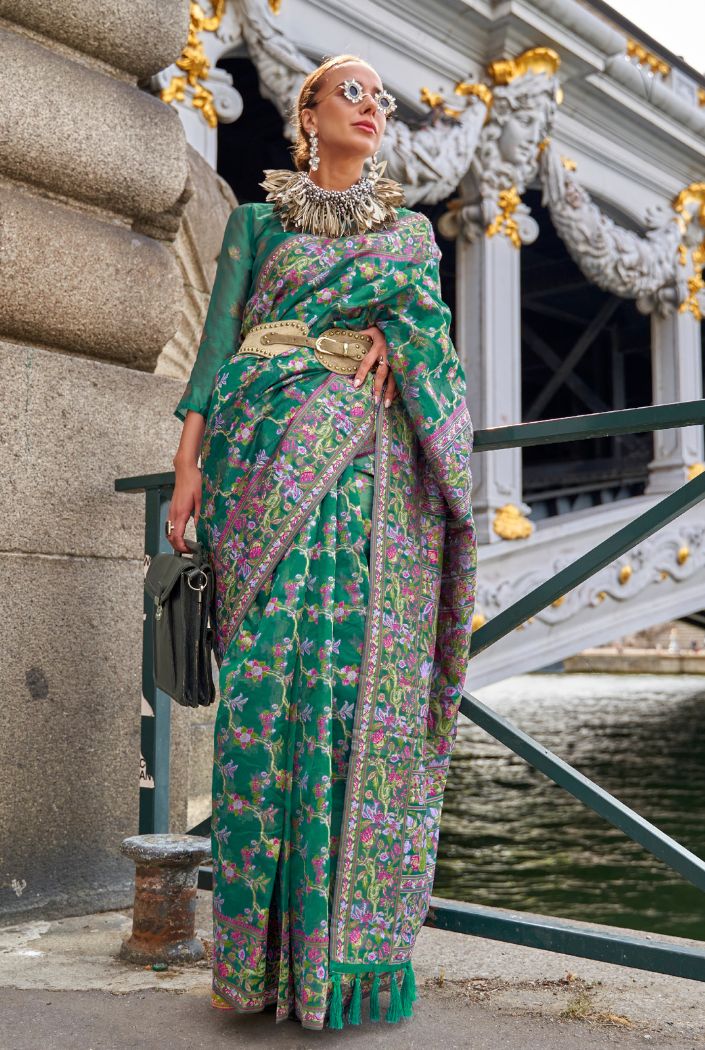 Buy MySilkLove Sea Green Organza Handloom Parsi Saree Online