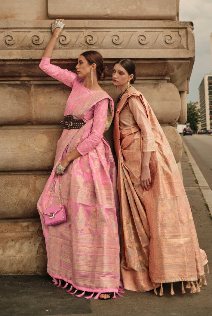 Buy MySilkLove Salmon Pink Kashmiri Organza Handloom Saree Online