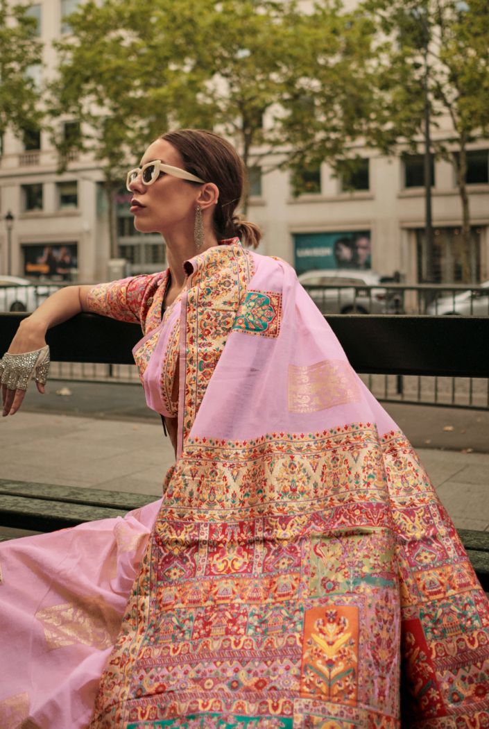 Buy MySilkLove Blossom Pink Kashmiri Jamewar Handloom Saree Online