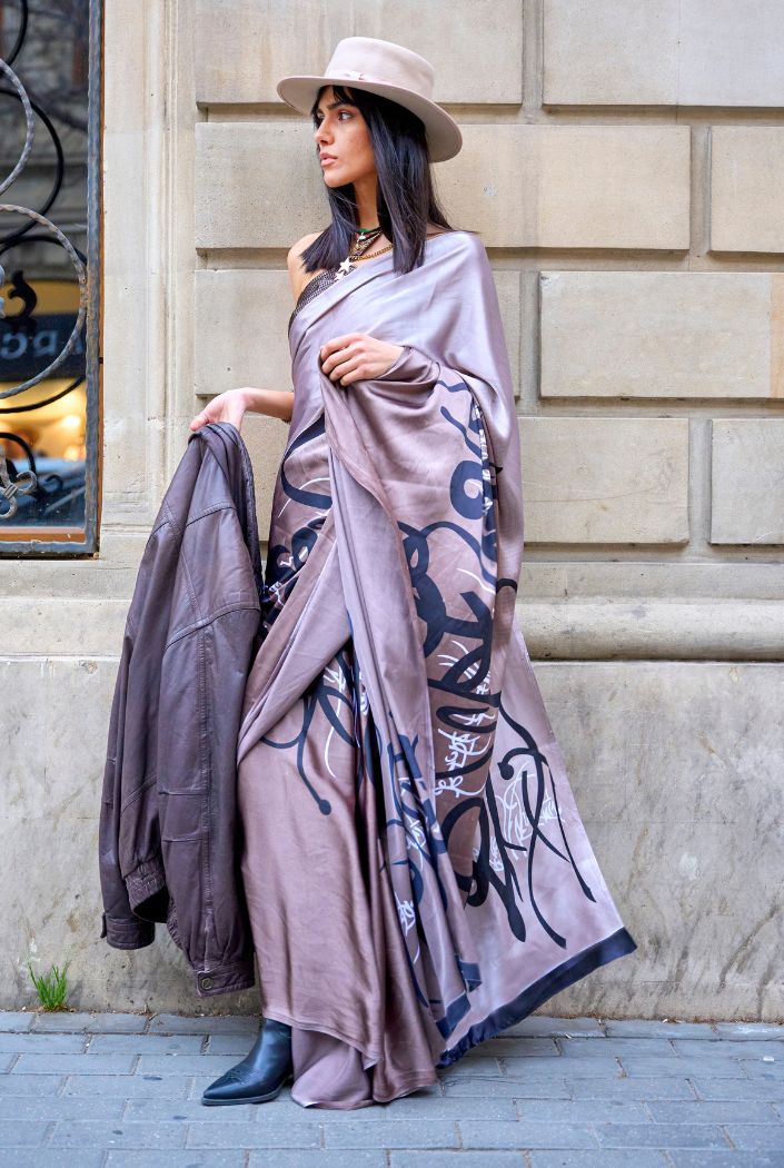 Buy MySilkLove London Hue Brown and Grey Printed Satin Silk Saree Online