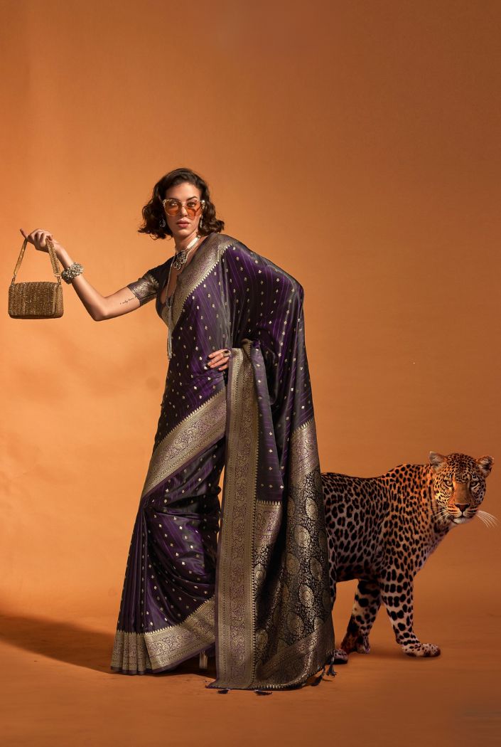 Buy MySilkLove Congo Dark Purple Handloom Satin Silk Saree Online