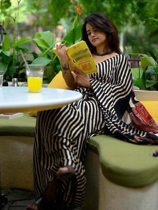 Buy MySilkLove Iridiun Black and White Stripes Ajrakh Printed Satin Crepe Silk Saree Online