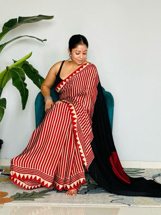 Buy MySilkLove Candy Red Stripes Ajrakh Printed Satin Crepe Silk Saree Online