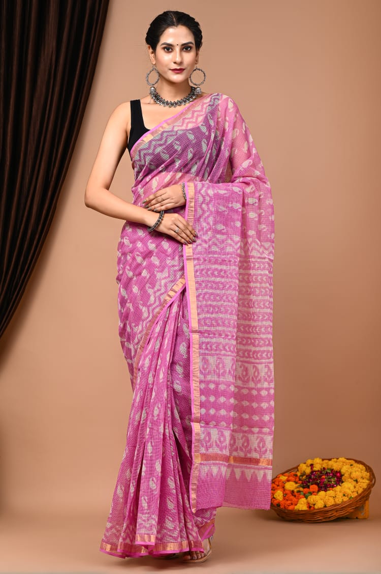 Buy MySilkLove Froly Pink Handblock Kota Doriya Saree Online