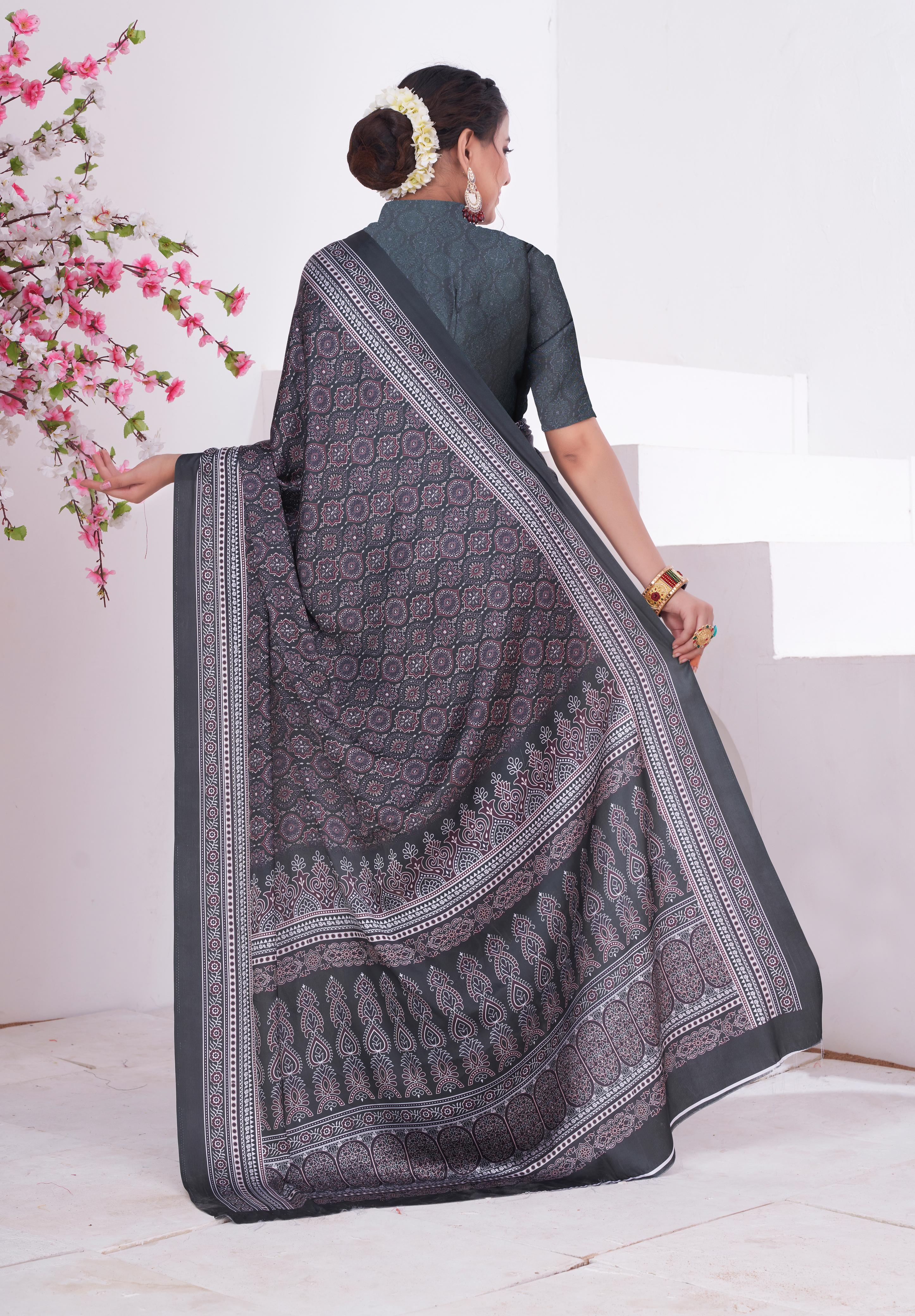 Buy MySilkLove Cloudy Grey Ajrakh Printed Satin Crepe Saree Online