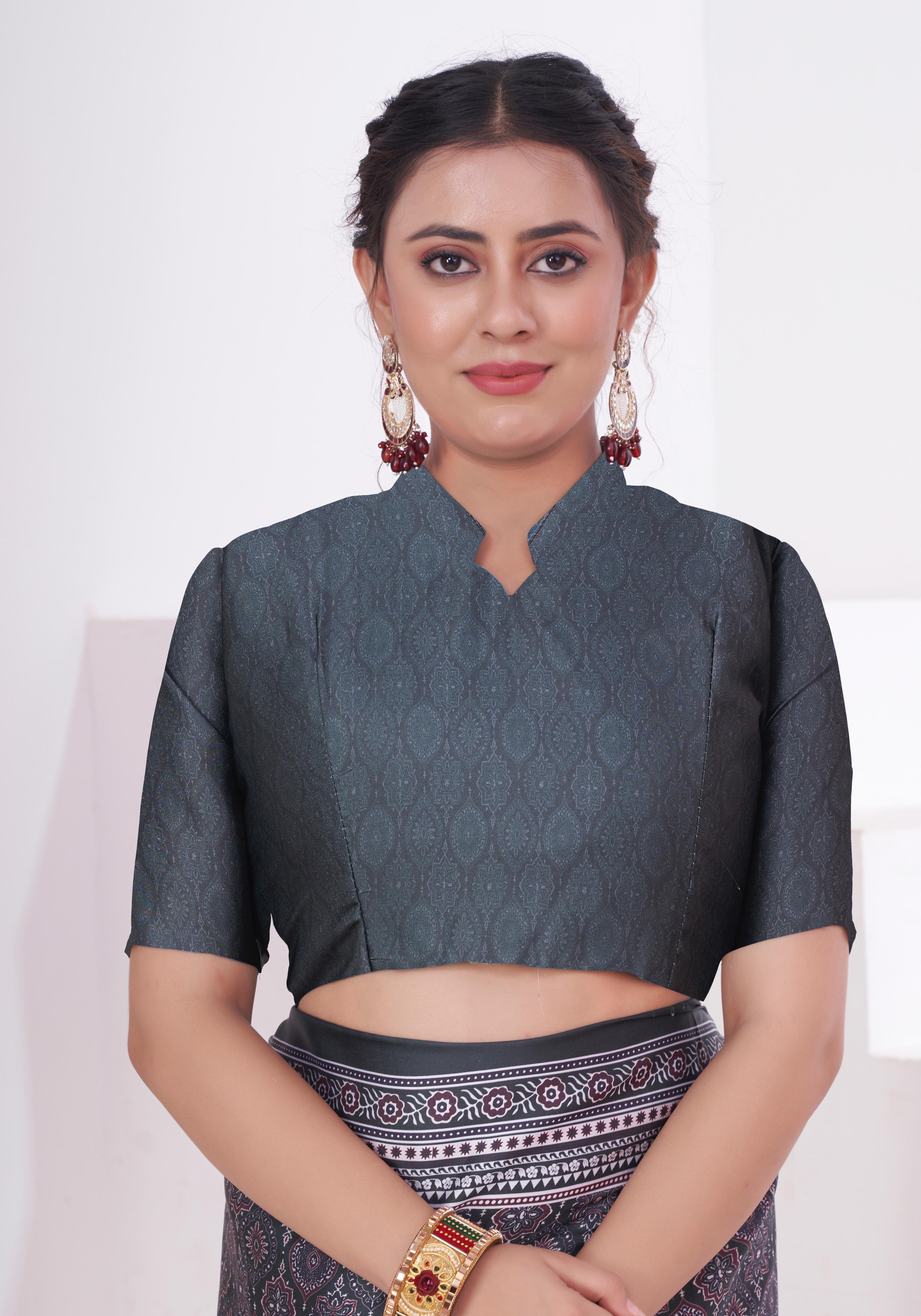 Buy MySilkLove Cloudy Grey Ajrakh Printed Satin Crepe Saree Online