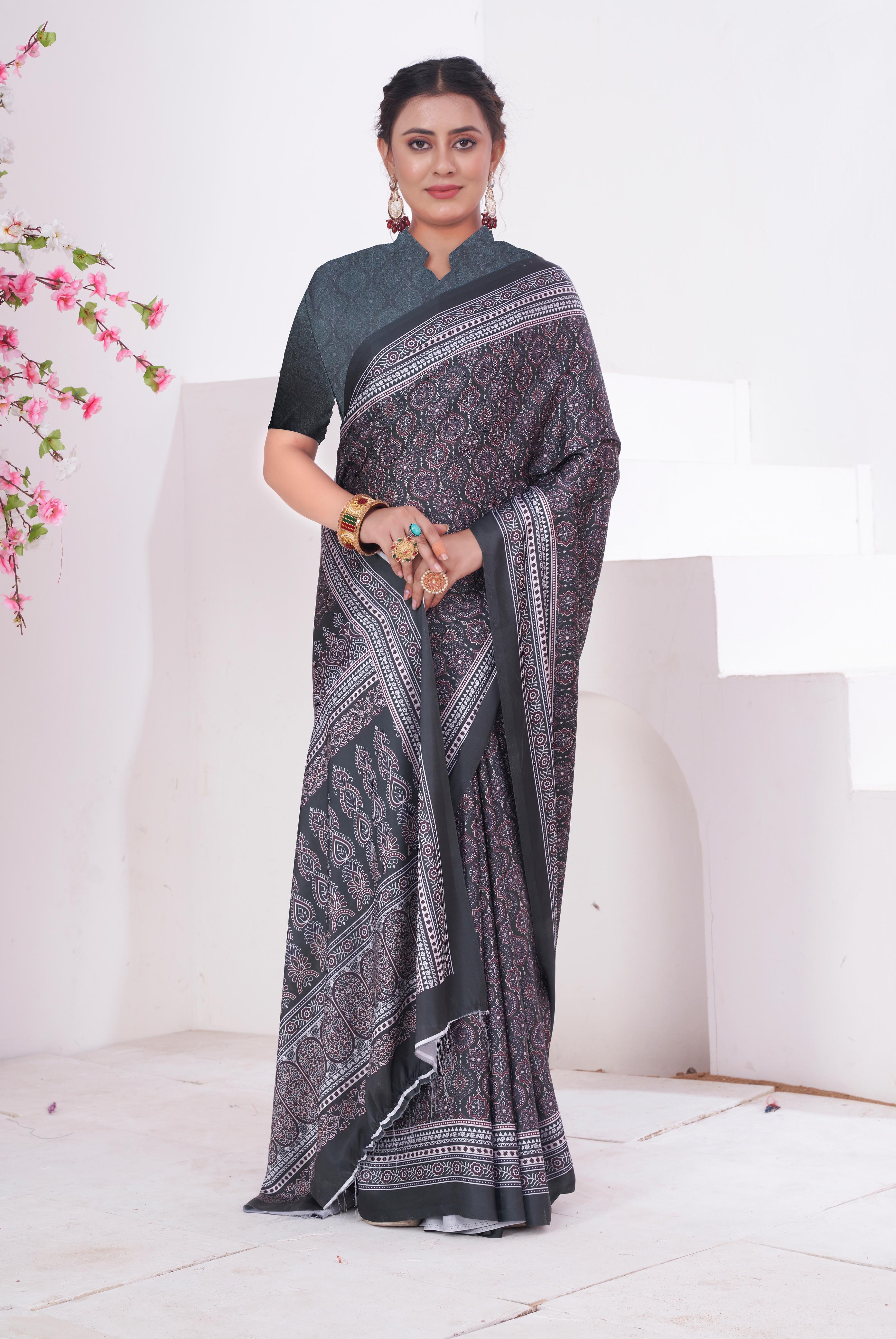 Buy MySilkLove Cloudy Grey Ajrakh Printed Satin Crepe Saree Online