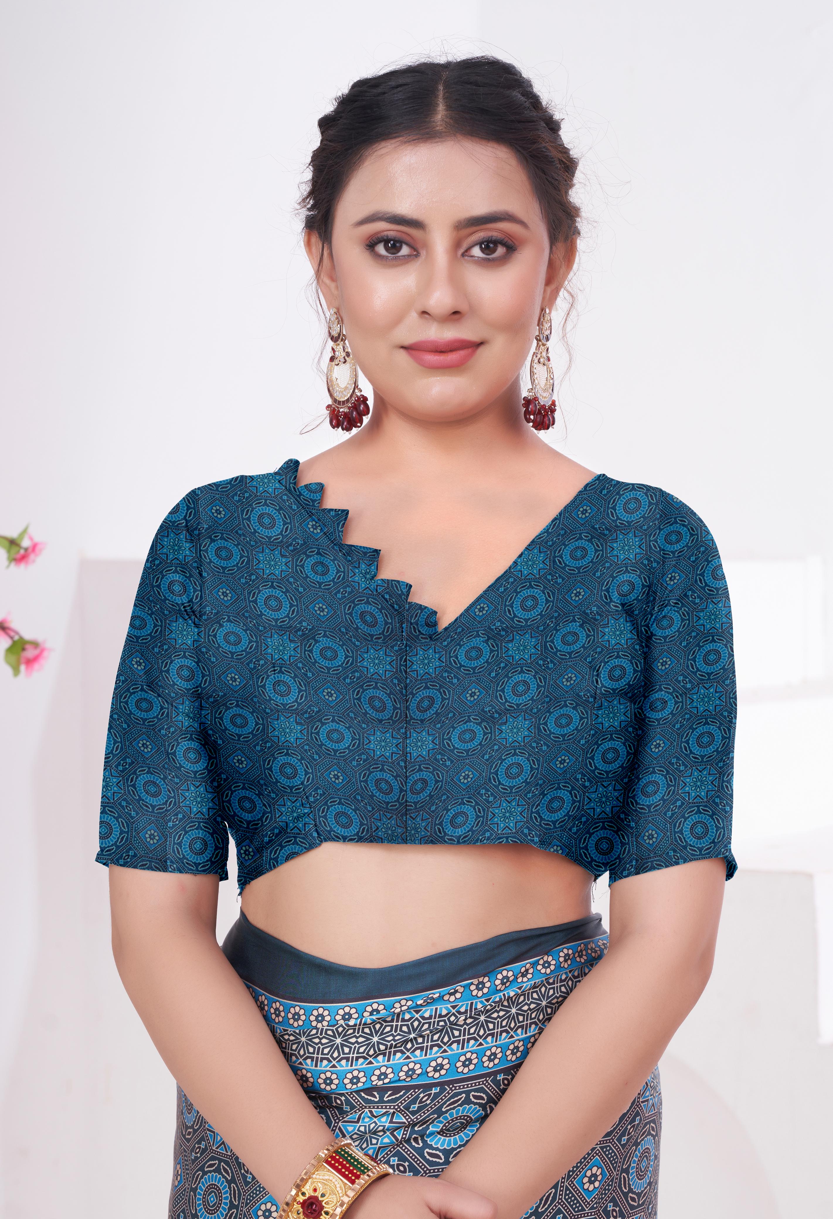 Buy MySilkLove Ship Cove Blue Ajrakh Printed Satin Crepe Saree Online