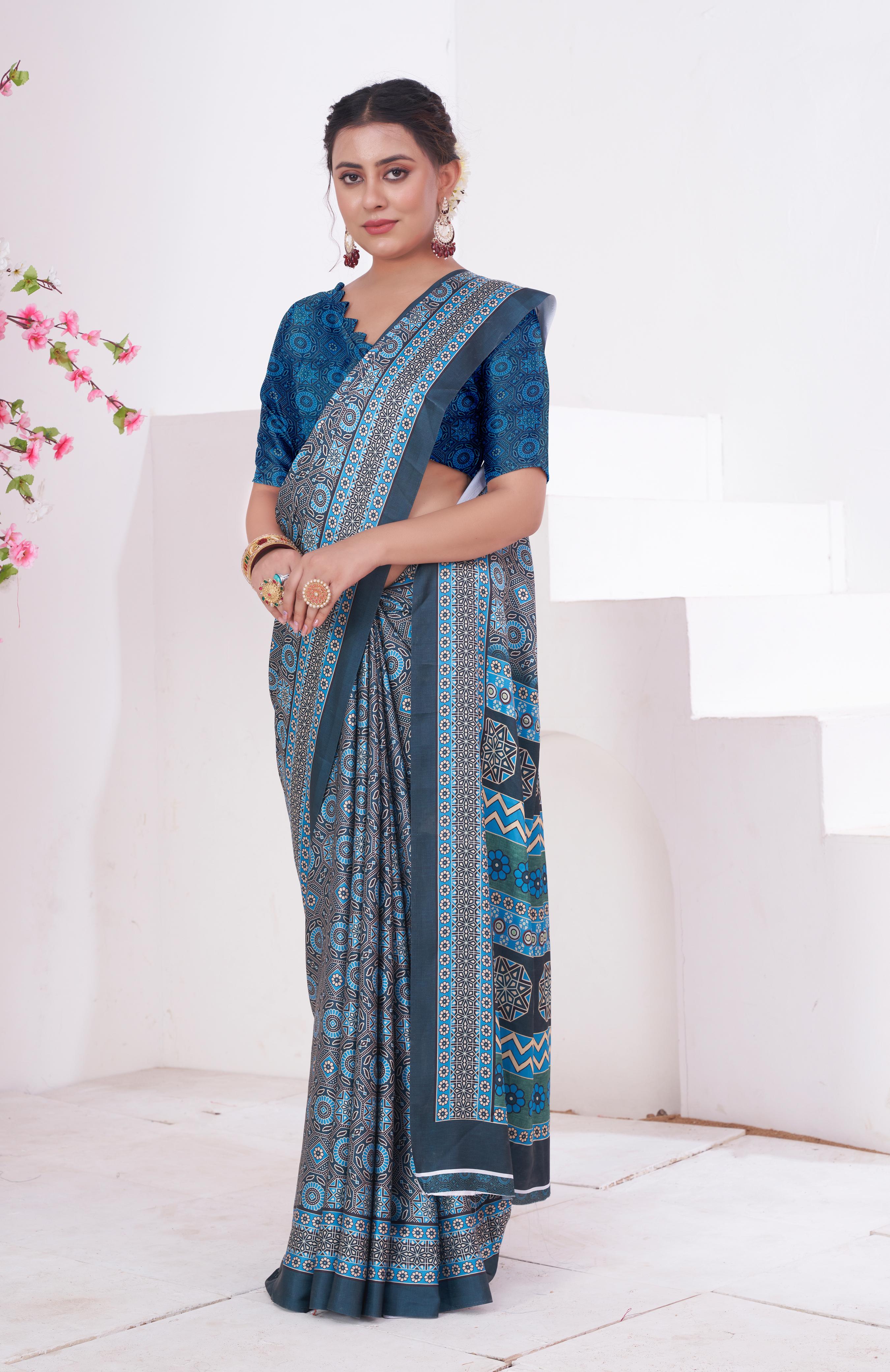 Buy MySilkLove Ship Cove Blue Ajrakh Printed Satin Crepe Saree Online