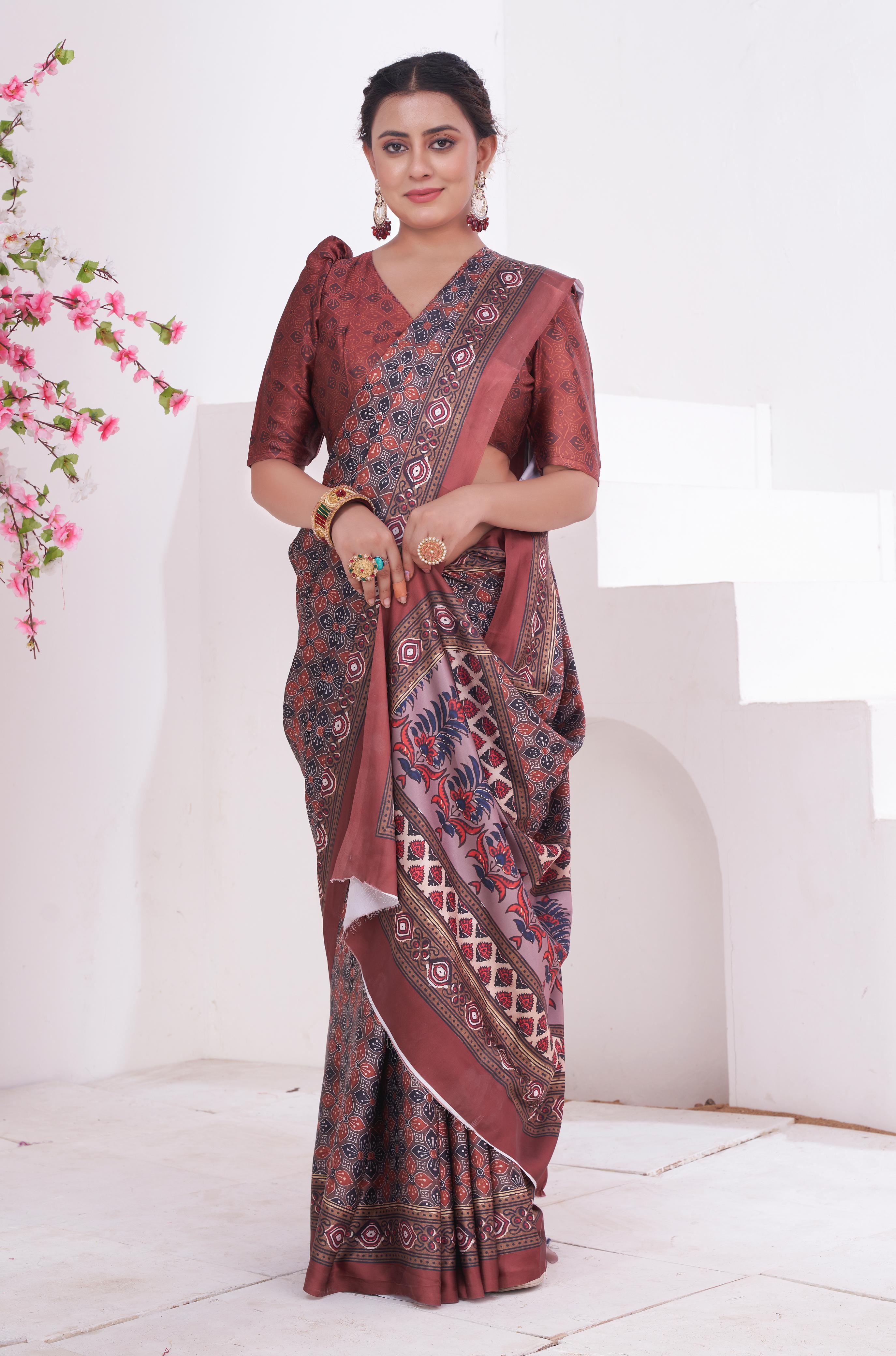 Buy MySilkLove Coral Tree Brown Ajrakh Printed Satin Crepe Saree Online