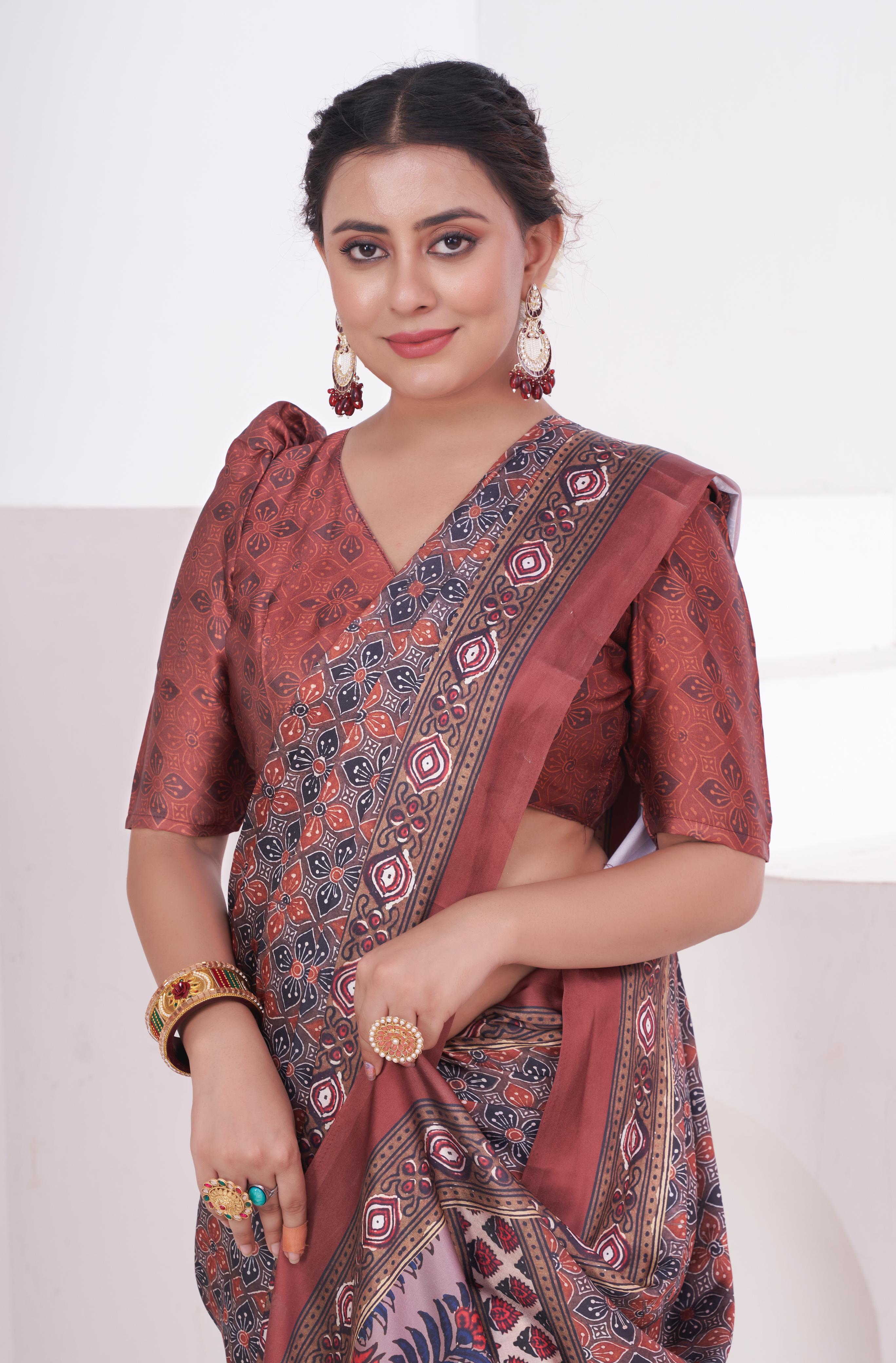 Buy MySilkLove Coral Tree Brown Ajrakh Printed Satin Crepe Saree Online