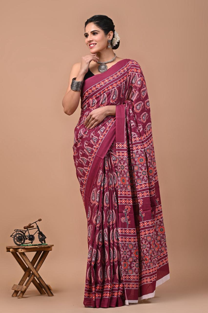Buy MySilkLove Mocca Maroon Ajrakh Mulmul Cotton Saree Online