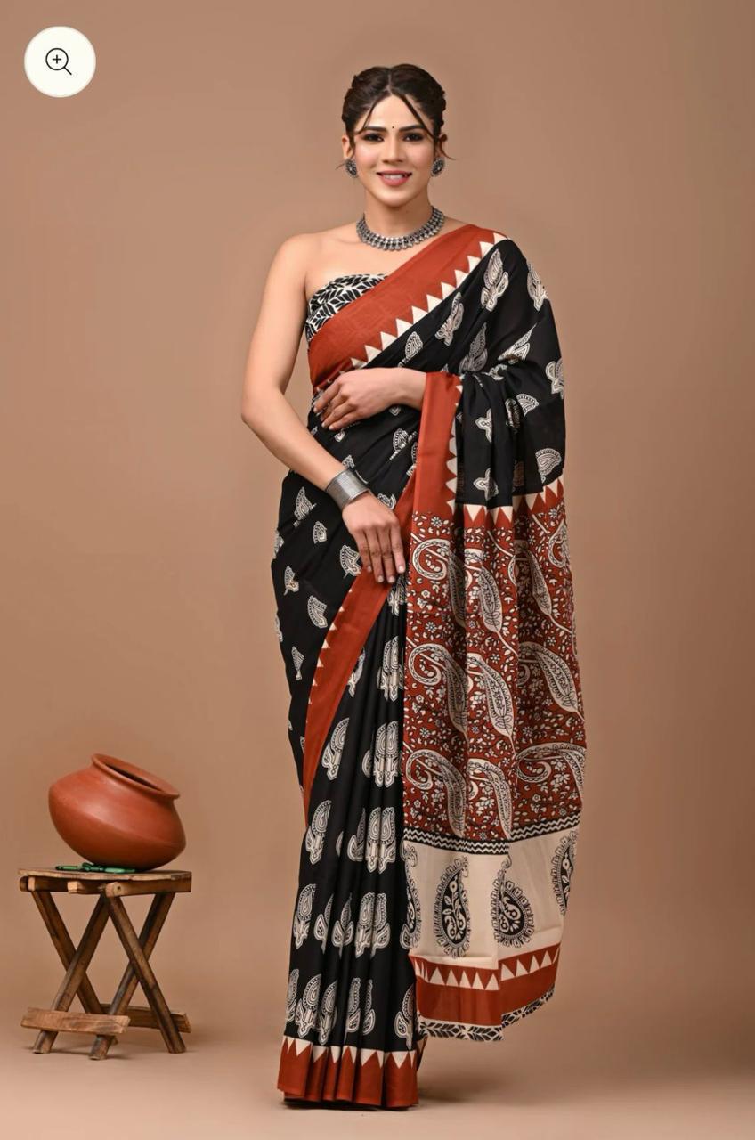 Buy MySilkLove Matte Black Black Mulmul Cotton Saree Online