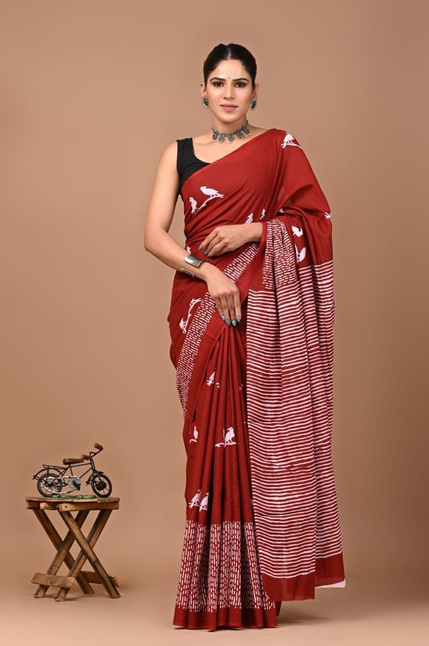 Buy MySilkLove Claret Maroon Mulmul Cotton Saree Online