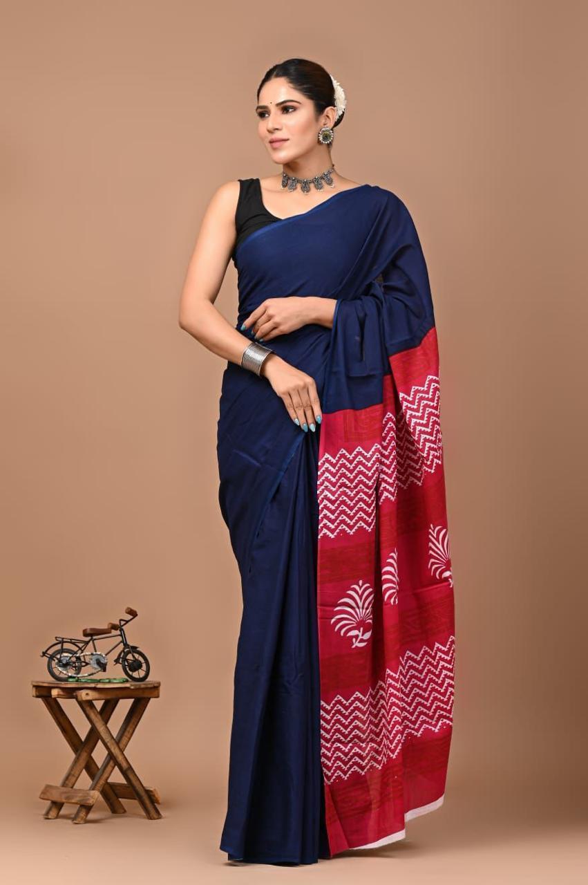 Buy MySilkLove Ultramarine Blue Mulmul Cotton Saree Online
