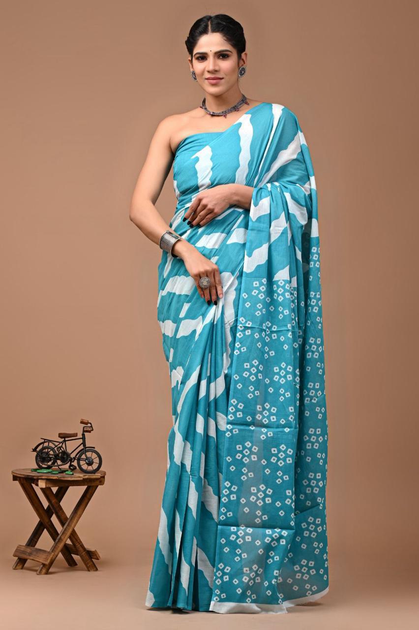 Buy MySilkLove Teal Blue Mulmul Cotton Saree Online