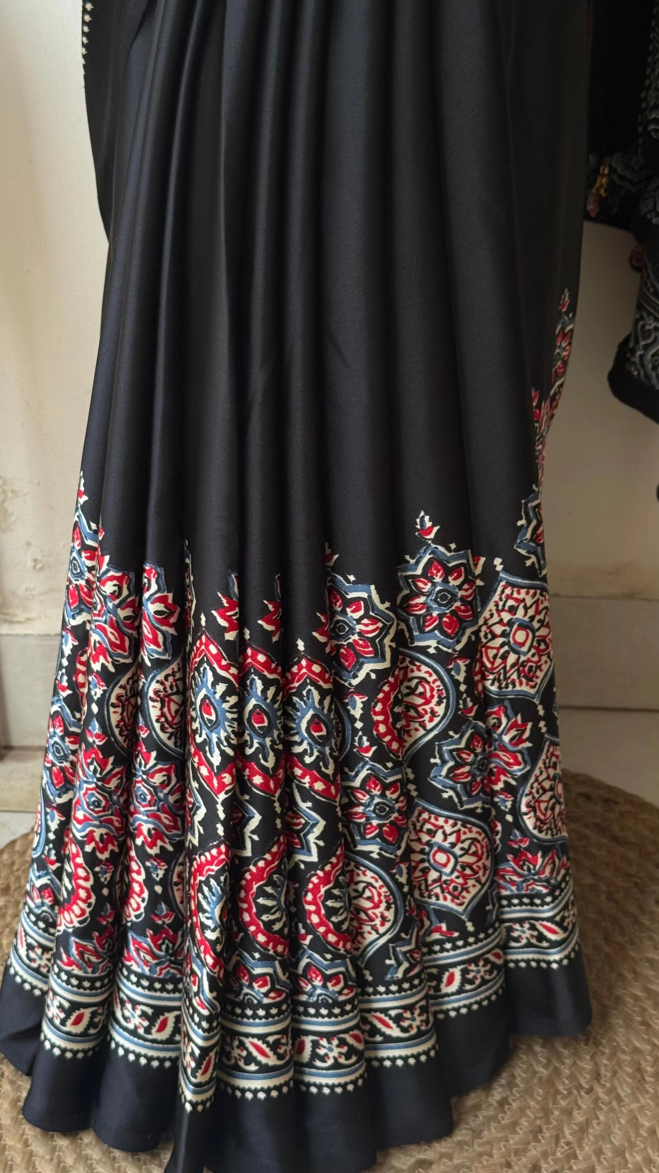 Buy MySilkLove Asphalt Black Ajrakh Printed Satin Crepe Silk Saree Online