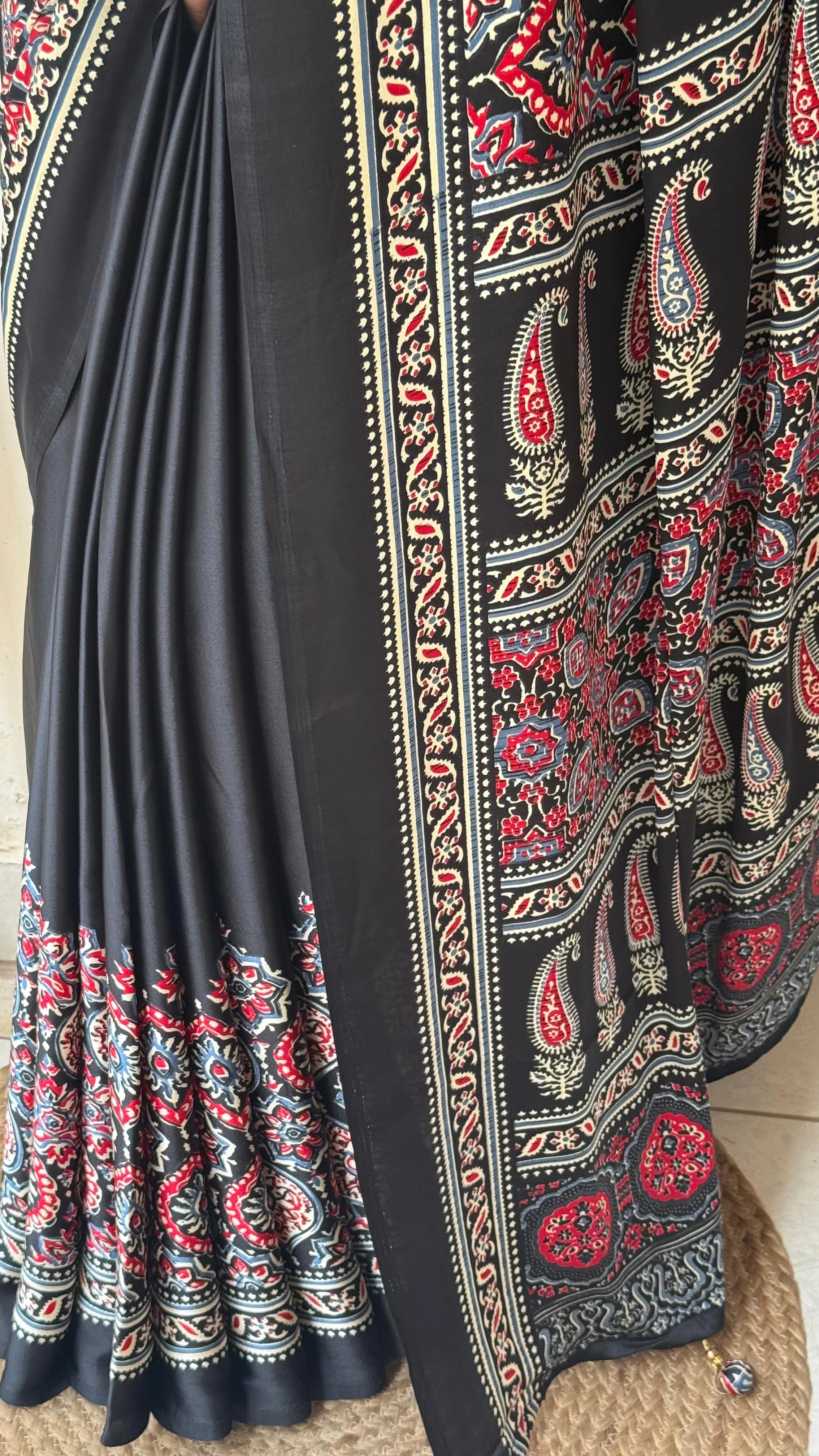 Buy MySilkLove Asphalt Black Ajrakh Printed Satin Crepe Silk Saree Online