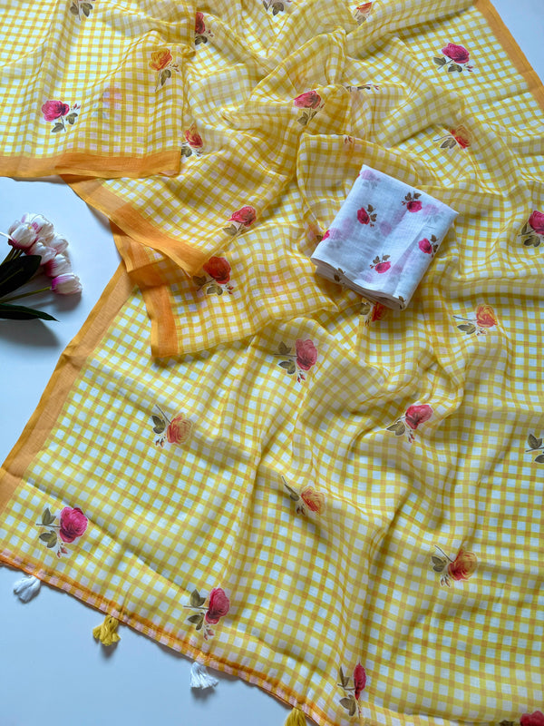 Buy MySilkLove Jonquil Yellow Soft Linen Cotton Printed Saree Online