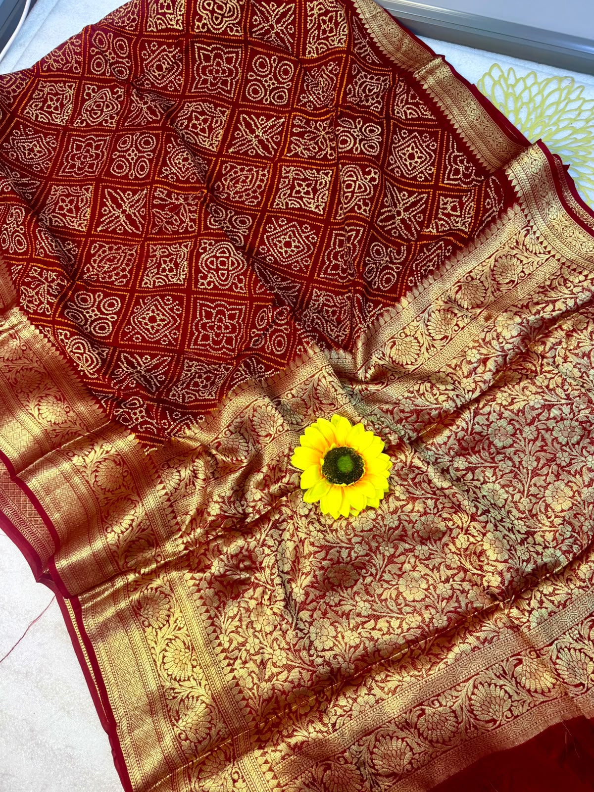 Buy MySilkLove Canary Red Bandhani Zari Woven Silk Saree Online