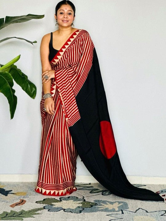 Buy MySilkLove Candy Red Stripes Ajrakh Printed Satin Crepe Silk Saree Online