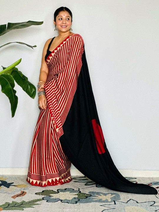 Buy MySilkLove Candy Red Stripes Ajrakh Printed Satin Crepe Silk Saree Online