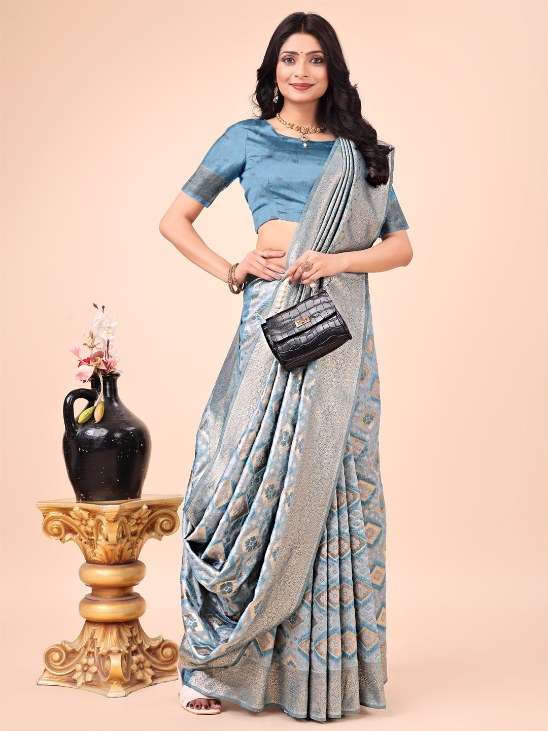 Buy MySilkLove Chetwode Blue Woven Cotton Saree Online
