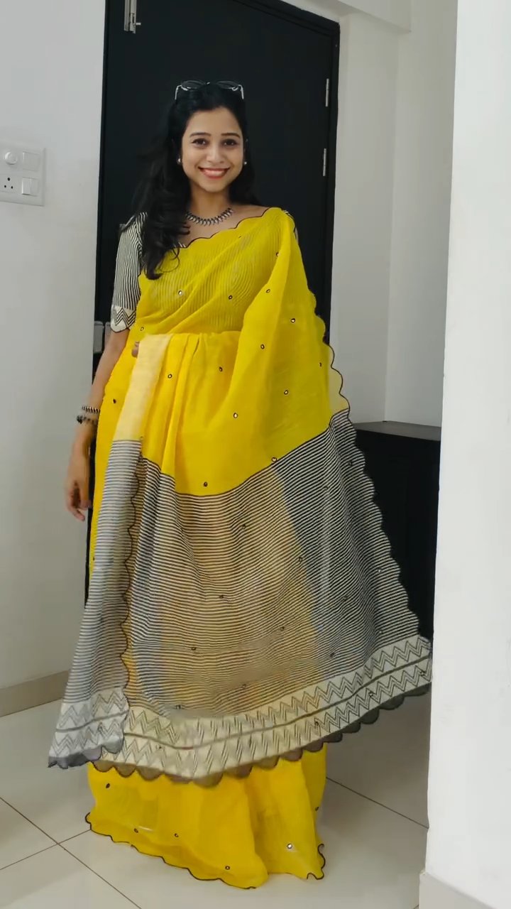 Buy MySilkLove Rustic Yellow Linen Cotton Digital Printed Saree Online