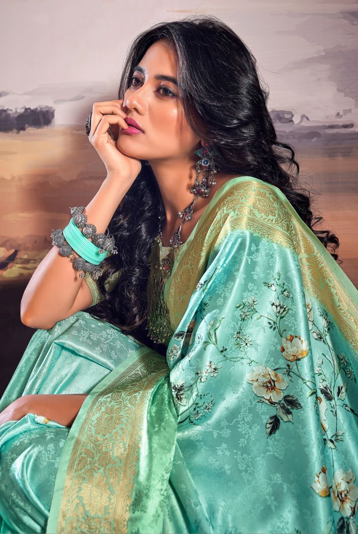 Buy MySilkLove Aqua Island Blue Floral Digital Printed Saree Online