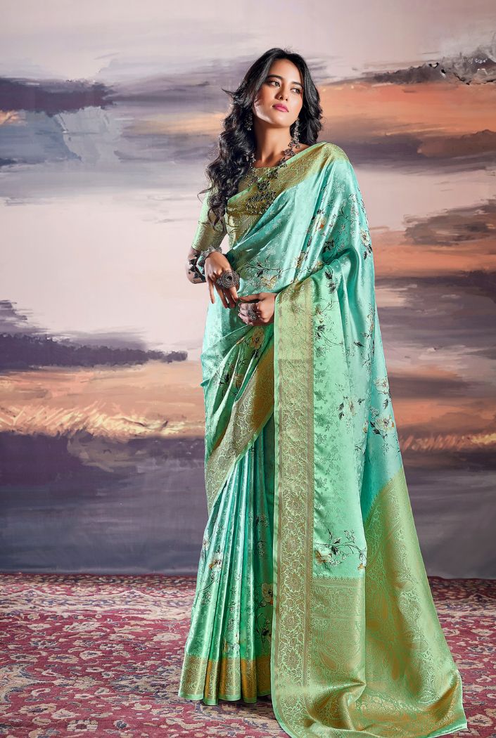 Buy MySilkLove Aqua Island Blue Floral Digital Printed Saree Online