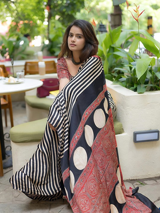 Buy MySilkLove Iridiun Black and White Stripes Ajrakh Printed Satin Crepe Silk Saree Online