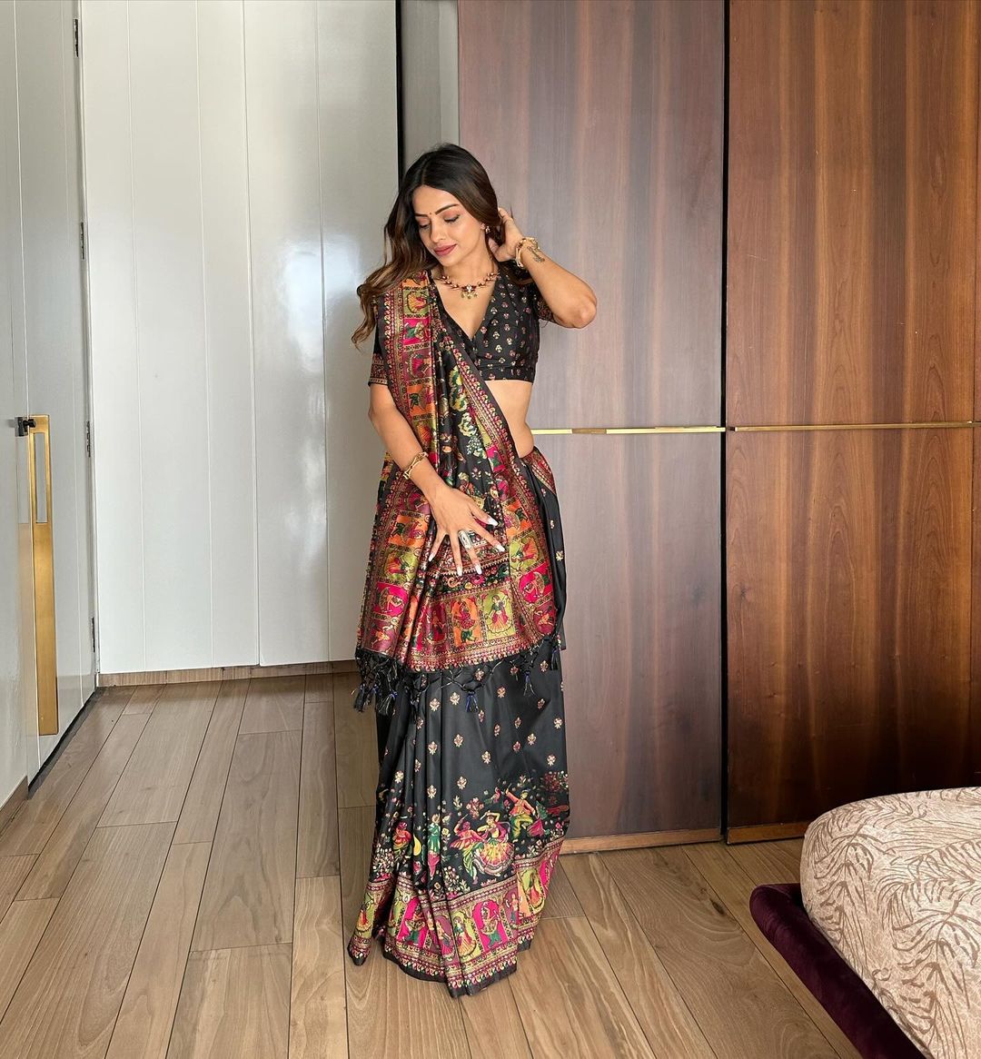 Buy MySilkLove Code Dark Black Kashmiri Woven Banarasi Silk Saree Online