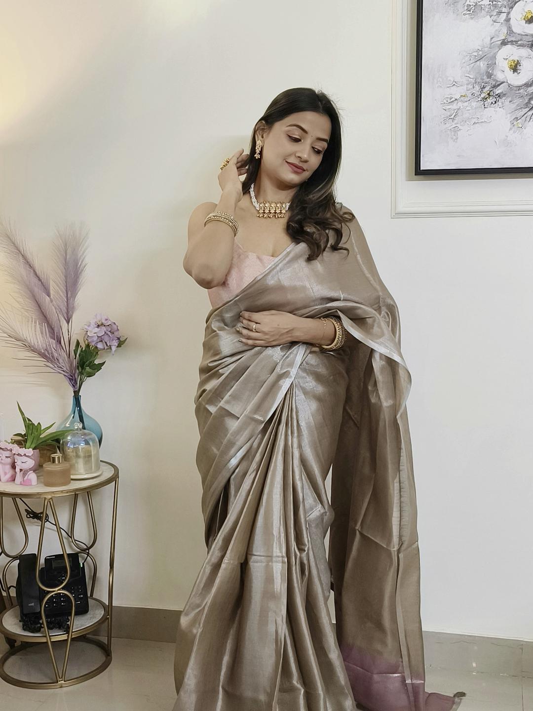 Buy MySilkLove Thistle Brown Handloom Tissue Saree Online