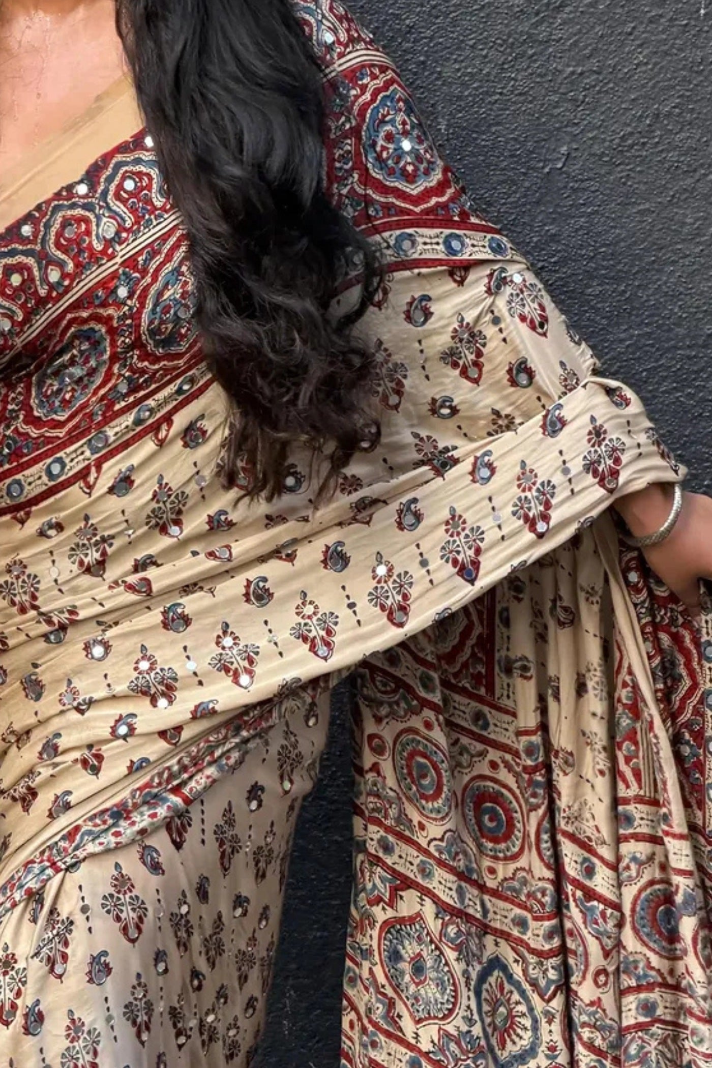 Buy MySilkLove Fawn Beige Modal Ajrakh Satin Printed Mirror Work Saree Online