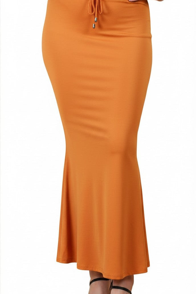 Buy MySilkLove An orange bodycon maxi skirt with a drawstring waist, shown on a model wearing black strappy sandals against a white background. Online