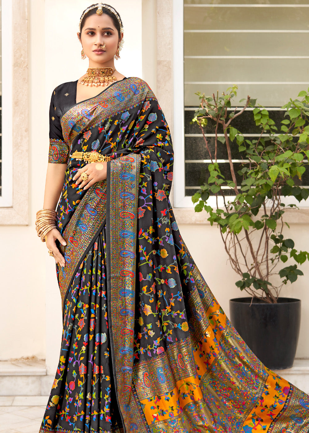 Buy MySilkLove Metal Black Handloom Printed Kashmiri Jamewar Silk Saree Online