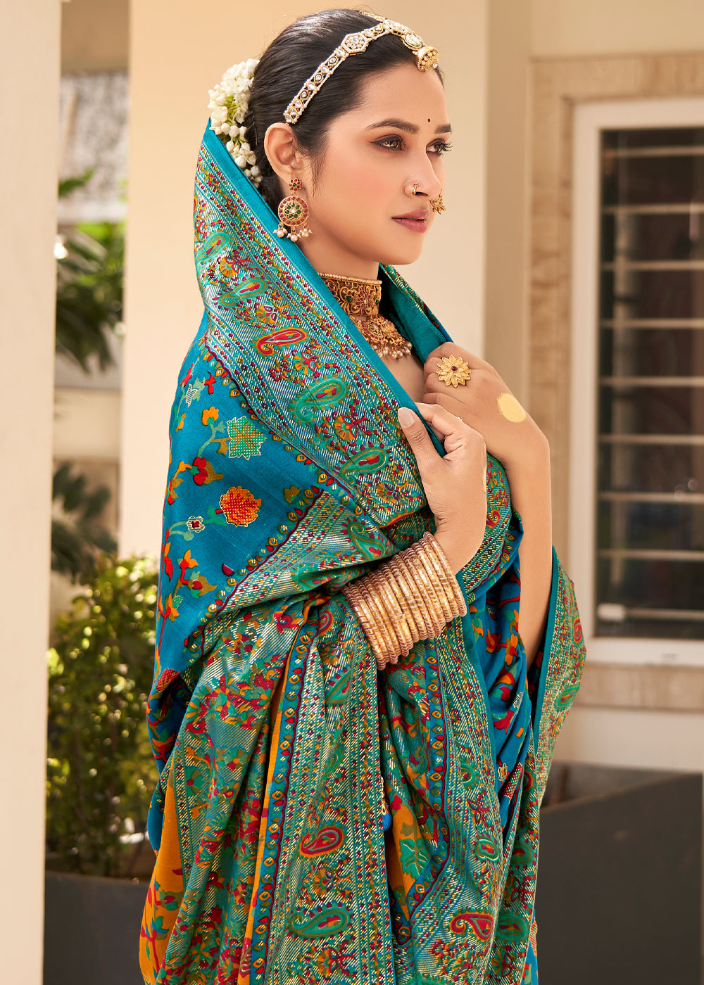 Buy MySilkLove Olympic Blue Handloom Printed Kashmiri Jamewar Silk Saree Online