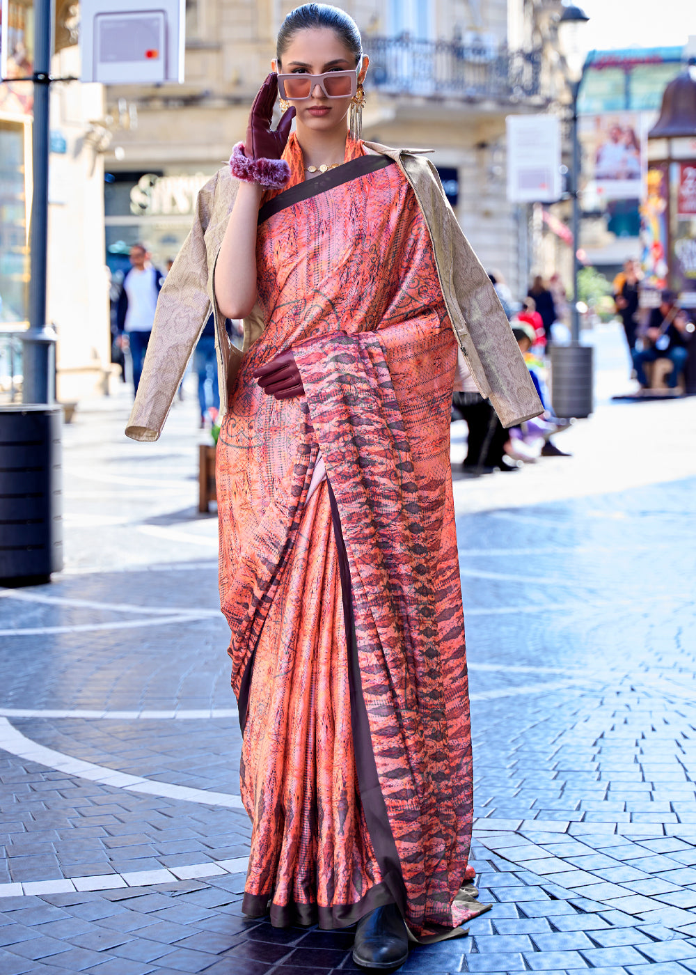 Buy MySilkLove Georgia Peach Digital Printed Satin Silk Saree Online