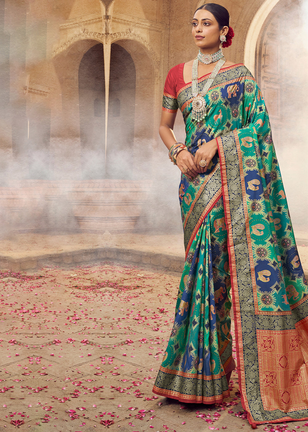 Buy MySilkLove Peacock Green Woven Banarasi Silk Saree Online