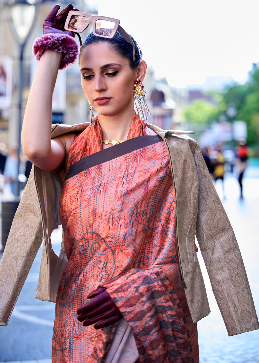 Buy MySilkLove Georgia Peach Digital Printed Satin Silk Saree Online