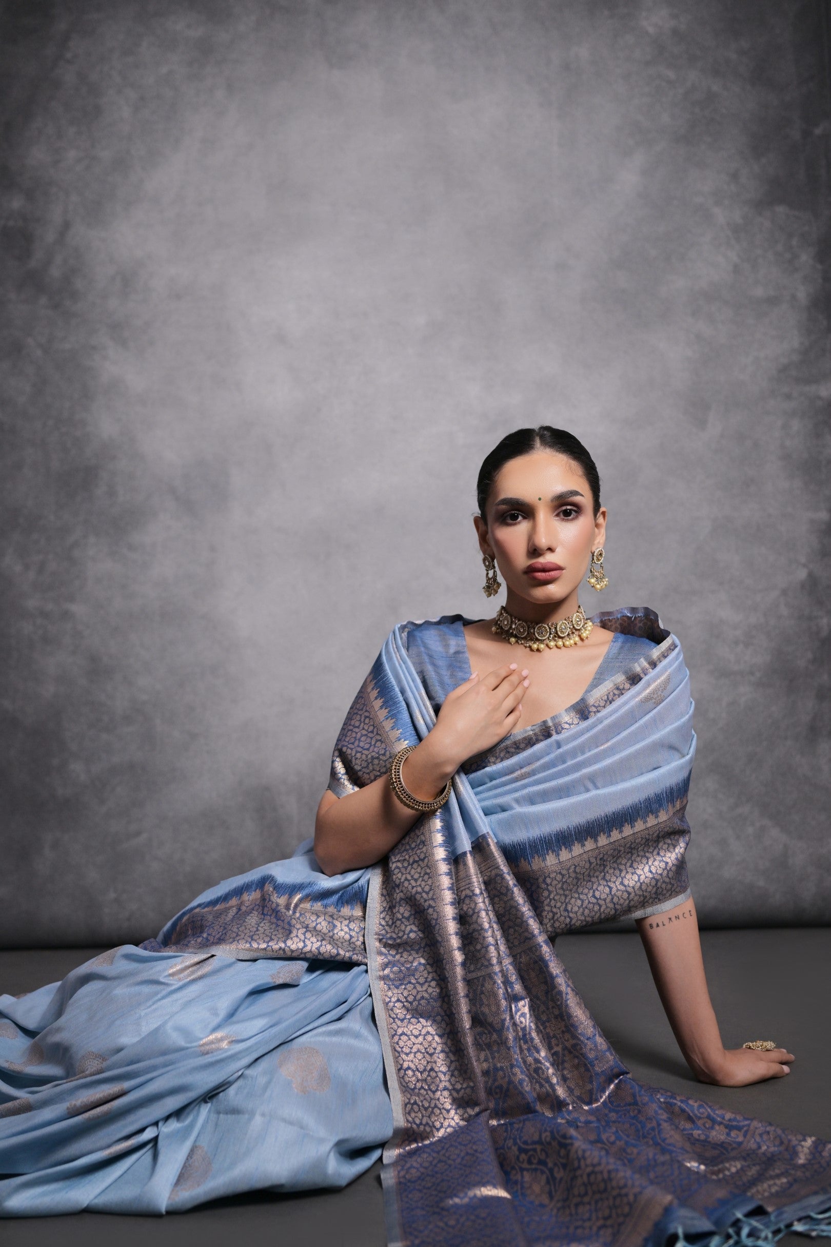 Buy MySilkLove Perano Blue Tussar Temple Border Silk Saree Online