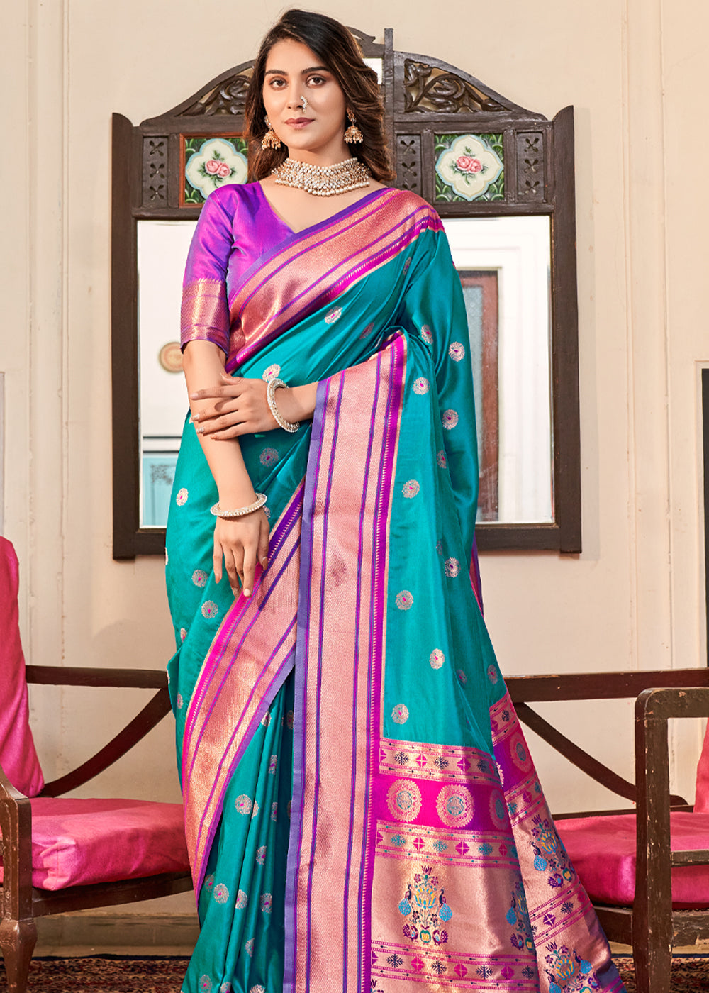 Buy MySilkLove Dark Teal Blue Woven Paithani Soft Silk Saree Online